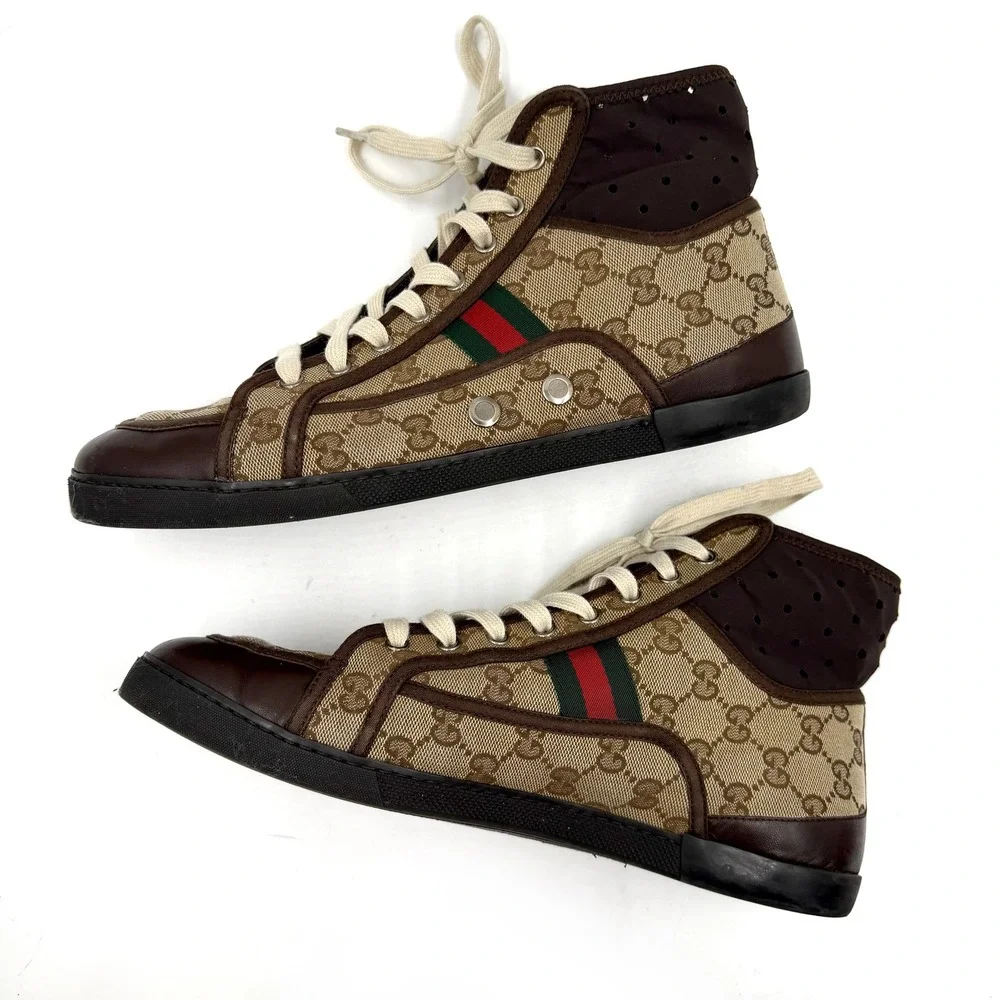 Gucci GG Supreme Monogram High Top Sneakers Web Stripe Brown Leather Men Sz 9